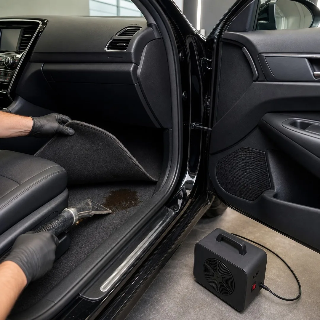 Noordkop Detailing reinigt de vloer van een auto na gemorste vloeistof