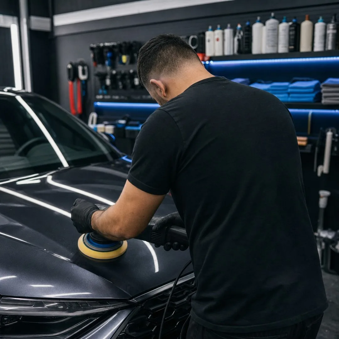 Noordkop Detailing polijst een donkere motorkap in de werkplaats